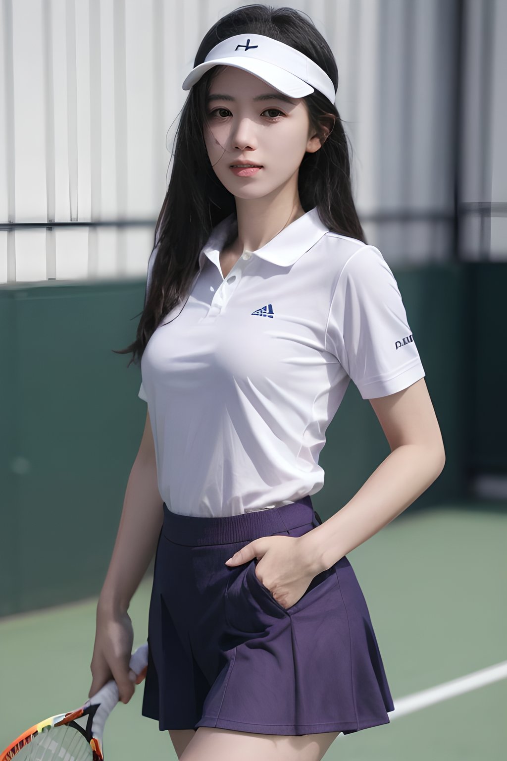 <lora:0830_09:0.7>,purple tennis_uniform,, 1girl,realistic,masterpiece, best quality, photorealistic, HDR,detail