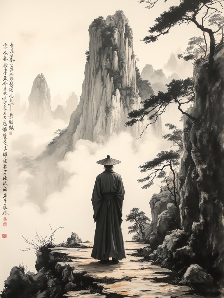 OBguofeng,This image is a detailed, monochromatic ink painting with a traditional Asian aesthetic. The central subject is a lone figure of a man standing on a rocky path. He is dressed in a long, flowing, dark robe that cascades down to his feet, and he wears a wide-brimmed conical hat that shades his face. The man is positioned in the center of the image, facing away from the viewer, creating a sense of solitude and contemplation.The background features a majestic, towering mountain range shrouded in mist, which adds a sense of mystery and grandeur. The mountains are depicted in varying shades of gray and white, with wispy clouds swirling around their peaks. On the right side of the image, there are dense, dark trees with twisting branches, while on the left, the path winds through a more open, rocky terrain.Vertical text in an Asian script is visible on the left side of the painting, possibly traditional calligraphy, adding to the cultural and historical context. The overall texture of the painting is smooth and fluid, with a delicate interplay of light and shadow that creates depth and dimension. The artwork evokes a sense of tranquility and spirituality, blending nature and human presence in a harmonious, timeless setting.