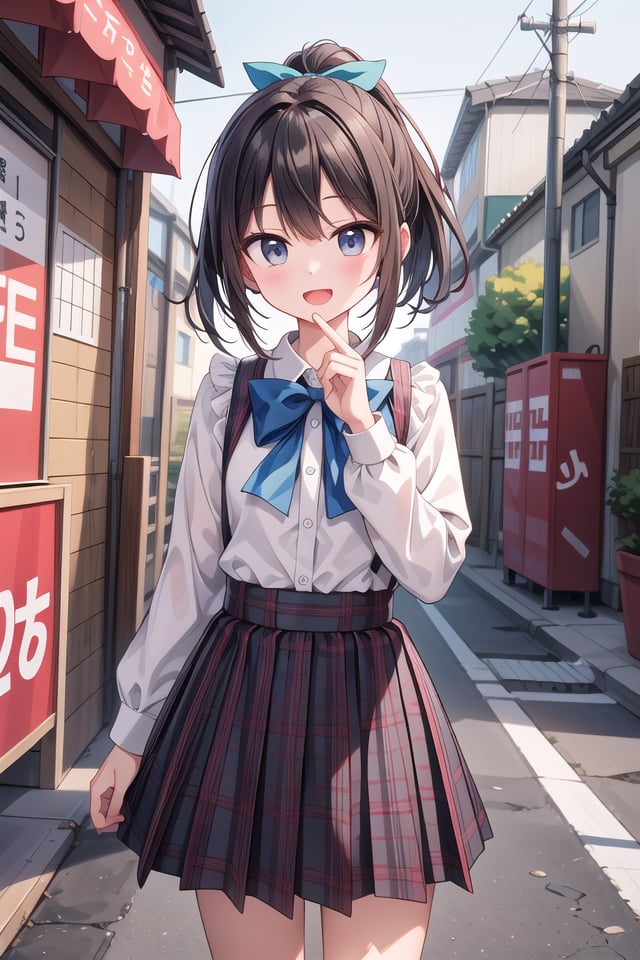 insanely detailed, absurdres, ultra-highres, ultra-detailed, best quality,1girl, solo, nice hands, perfect handsBREAKjirai kei,plaid skirt, shirt, long sleeves, bow, blue skirt, white shoulder frilly shirt, outdoors, blue bow, long hair, (cleavage:-1.5)BREAKhappy smile, laugh, open mouthBREAK45 angle,standing, cowboy shot, looking at viewerBREAKslender, kawaii, perfect symmetrical face, ultra cute girl, ultra cute face, ultra detailed eyes, ultra detailed hair, ultra cute, ultra beautifulBREAKin japanese street, cityscape in japan, depth of field, ultra detailed backgroundBREAKlarge breastsBREAKblack hair, black eyes, ponytail,