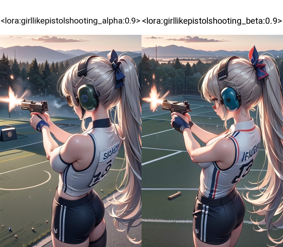 (((masterpiece))), (((best quality))), ((pistol shooting)), (holding air handgun), muzzle flash, aiming at target, aiming at viewer, firing, player uniform, sleeveless, sports shorts, ear defenders, fingerless gloves, open-air range, olympic games venue, sky, wind, steam, sweat, shadow, 1girl, ribbon, auburn, absurdly long hair, floating hair, big tits, stnading, from above, facing away, <lora:girllikepistolshooting_alpha:0.9>