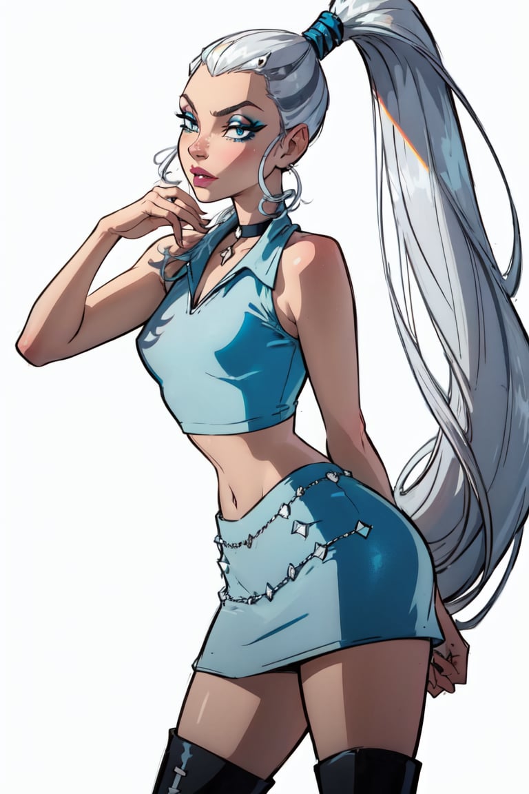 (Icy), blue eyes, white hair, ponytail, very long hair, simple makeup, (CasualOutfit), (light blue croptop, miniskirt, knee boots), (solid white background, white background:1.5), (realistic:1.2), (masterpiece:1.2), (full-body-shot:1),(Cowboy-shot:1.2), neon lighting, dark romantic lighting, (highly detailed:1.2),(detailed face:1.2), (gradients), colorful, detailed eyes, (detailed landscape:1.2), (natural lighting:1.2), close shot, solo, <lora:WinxClubIcy-10:0.9> <lora:add_detail:0.3> <lora:BeautifulEyes:0.6> 