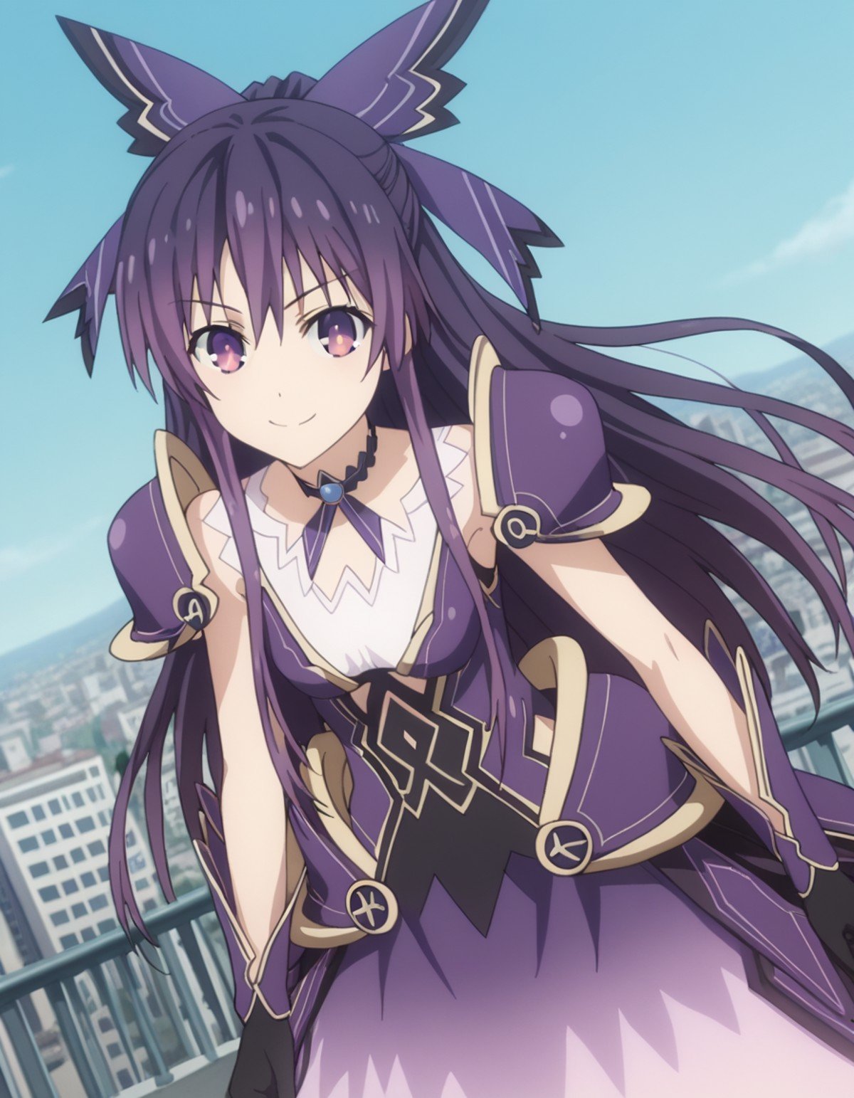 score_9, score_8_up, score_7_up, source_anime,tookayatogami, <lora:tooka-yatogami-s4s5-ponyxl-lora-nochekaiser:1>,tooka yatogami, hair ribbon, purple eyes, purple hair, long hair, ribbon,armor, armored dress, choker, dress, gloves, pauldrons, shoulder armor,outdoors, cityscape, bent over, smile,looking at viewer, solo, cowboy shot, dutch angle,