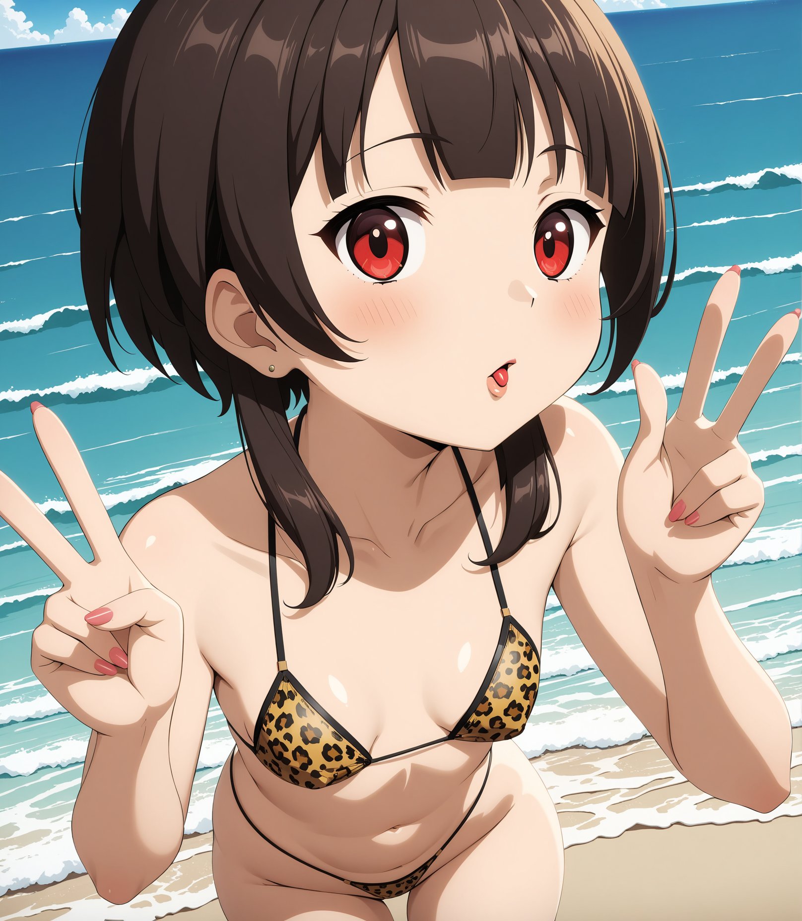 masterpiece, best quality, very aesthetic, ultra detailed, intricate details, 4k, anime style,leopardb, 1girl, solo, short hair, brown hair, black hair, red eyes, megumin, kono subarashii sekai ni shukufuku wo!, small breasts, flat chest, parted lips, lipstick, navel, cleavage, swimsuit, bikini, animal print, micro bikini, yellow bikini, highleg bikini, leopard print, upper body, looking at viewer, double w, leaning forward, outdoors, ocean, water, waves, beach, <lora:Leopard_XL:1>