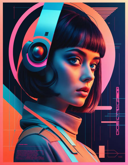 women, flat shading, bizarre technology, faded colors, faded bright colors, cyber-inspired typography, futuristic imagery, retrofuturism graphic designe, Holographic and Reflective Elements, Geometric Influences, strait lines, space thriller movie poster, Bauhaus, shapes, lines, abstract