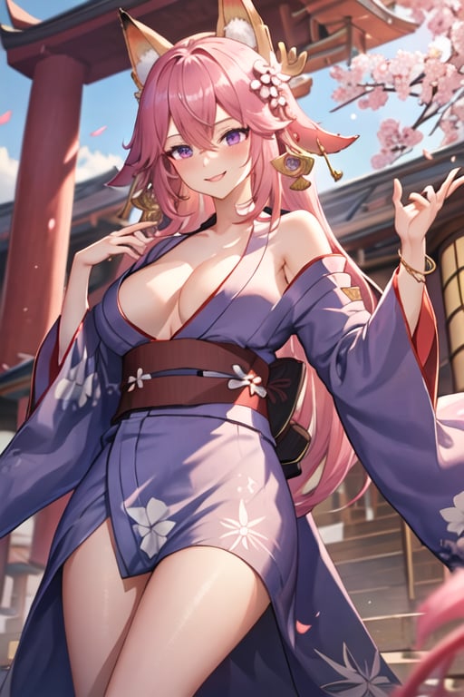 best quality, masterpiece, highres, solo, {yukata:1.40}, {kimono:1.20}, {yae_miko_genshin:1.15}, long_hair, pink_hair, bangs, purple_eyes, animal_ears, hair_between_eyes, fox_ears, jewelry, hair_ornament, earrings, smile, breasts, large_breasts, blush