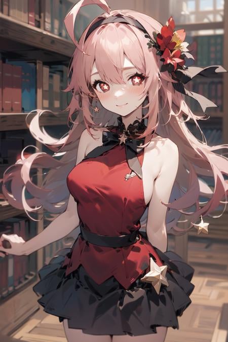 masterpiece, best quality, 1girl, solo, prickett, star-shaped pupils, huge ahoge, smile, hair ornament, hairband, hair flower, red dress, black skirt, looking at viewer, cowboy shot, library,    <lora:prickett_ver1:0.7>