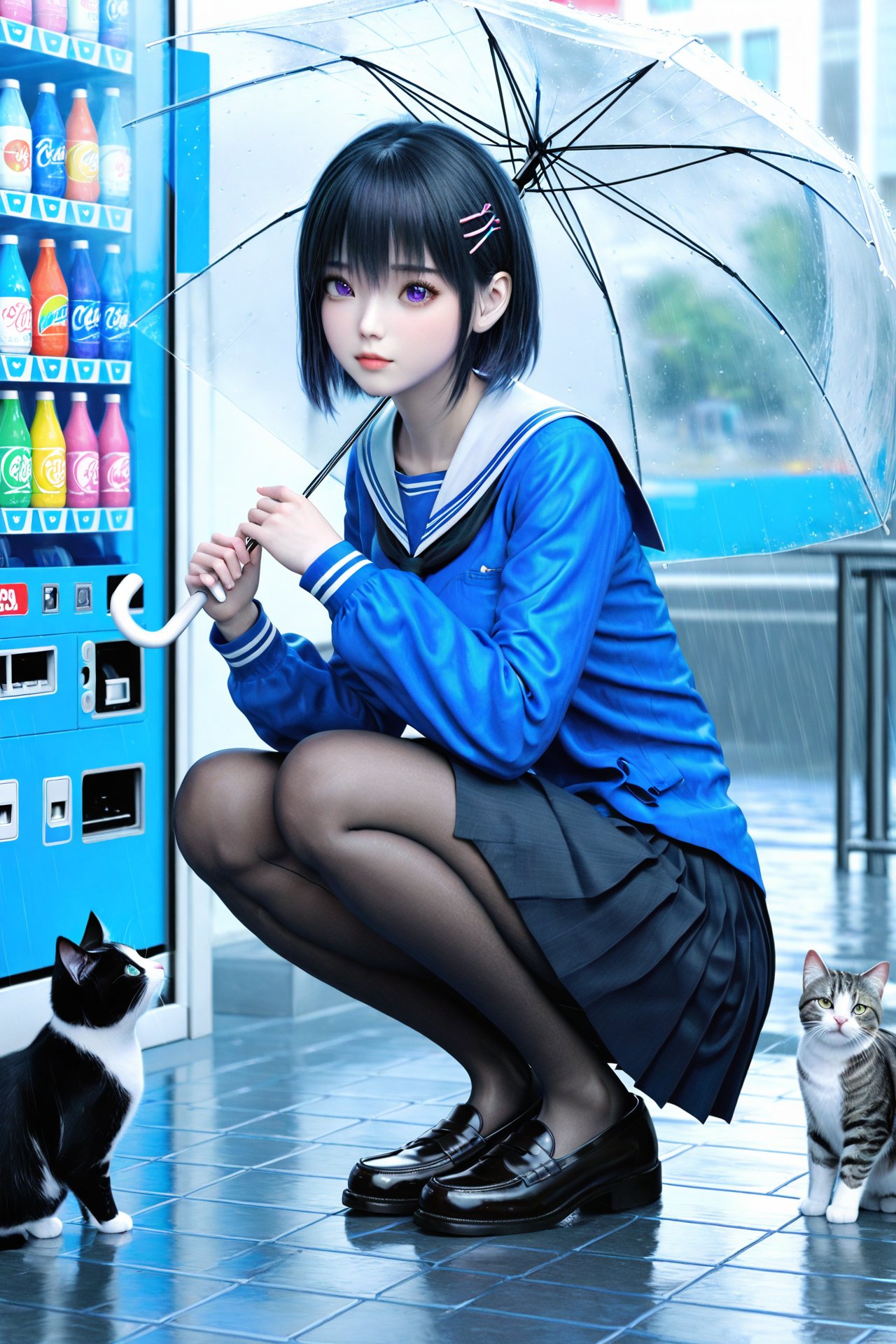 (masterpiece),(best quality),illustration,ultra detailed,hdr,Depth of field,(colorful),realistic,1girl,transparent,school uniform,rain,umbrella,cat,hair ornament,pantyhose,squatting,skirt,transparent umbrella,serafuku,holding,short hair,solo,purple eyes,black footwear,white sailor collar,outdoors,loafers,shoes,hairclip,sailor collar,x hair ornament,long sleeves,neckerchief,black hair,pleated skirt,bangs,holding umbrella,blue shirt,animal,shirt,blue serafuku,closed mouth,hair between eyes,black pantyhose,vending machine,blue skirt,black skirt,