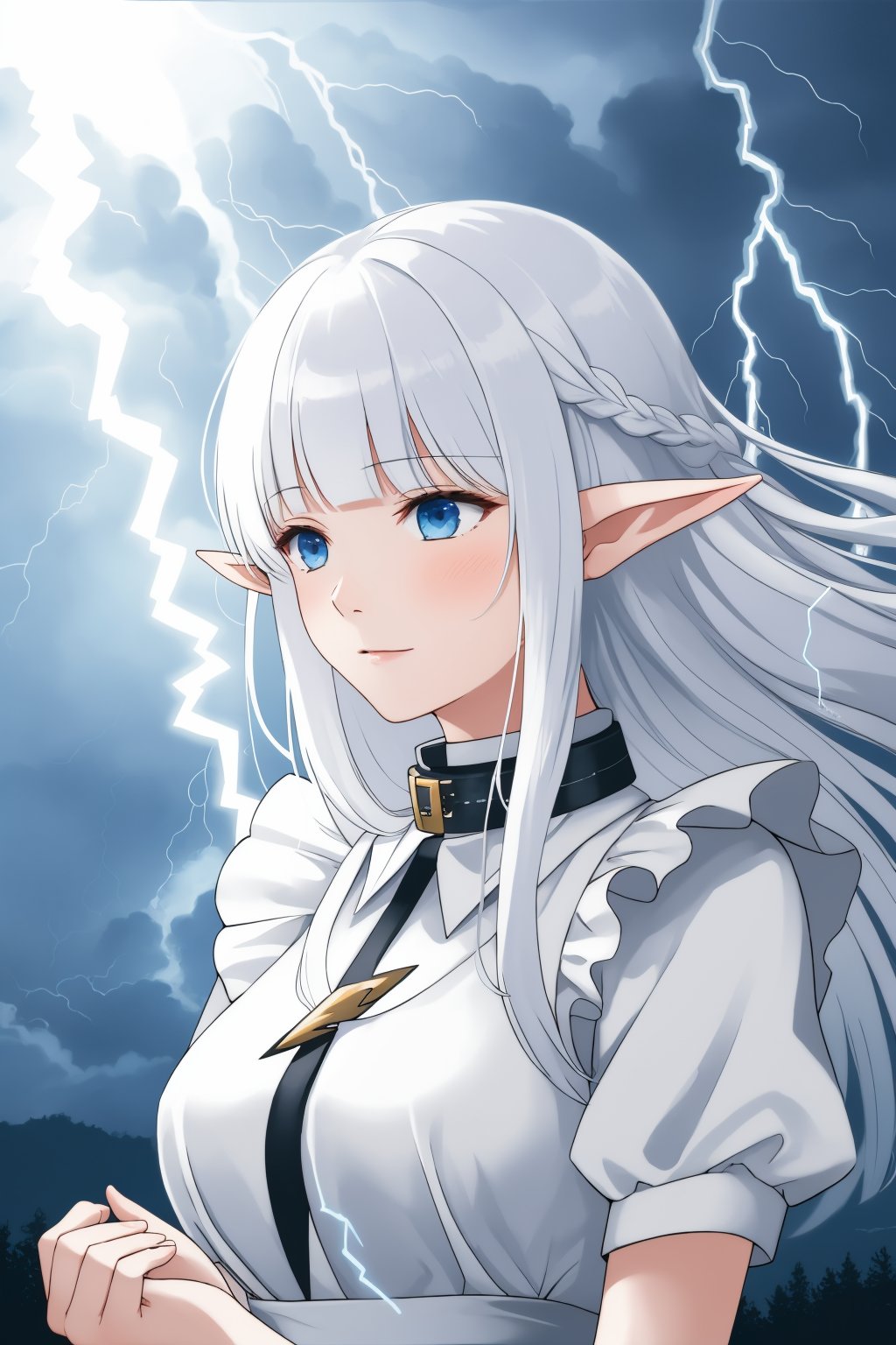 realistic,Nephelia,1girl,pointy ears,blue eyes,very long hair,white hair,elf,maid,collar,braid,blunt bangs,hair ribbon,<lora:lbc_Nephelia_v1.0:0.8>,((breeze)), flying splashes, flying petals, wind,(detailed light), ((lightning in hand)),lightning surrounds,(((lightning chain))),(sunlight),(angel),dynamic angle, floating, wing, halo, floating white silk,(Holy Light),silver stars,