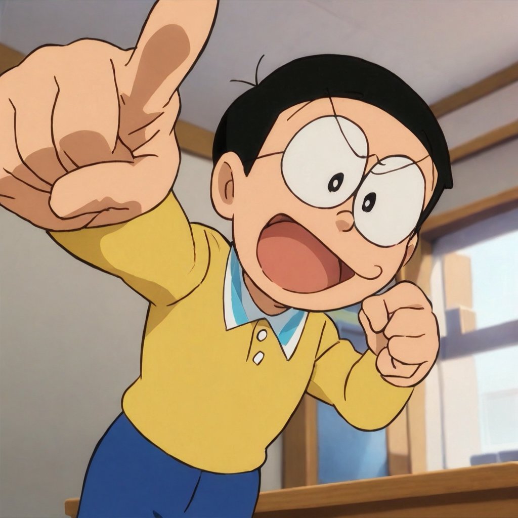 nobi nobita, 1boy, glasses, male focus, solo, yellow shirt, blue pants, pointing, black hair, pointing at viewer, open mouth, smile, classroom, black eyes, indoors, looking at viewer, masterpiece, best quality, <lora:minamoto shizuka and nobita kohaku:1>