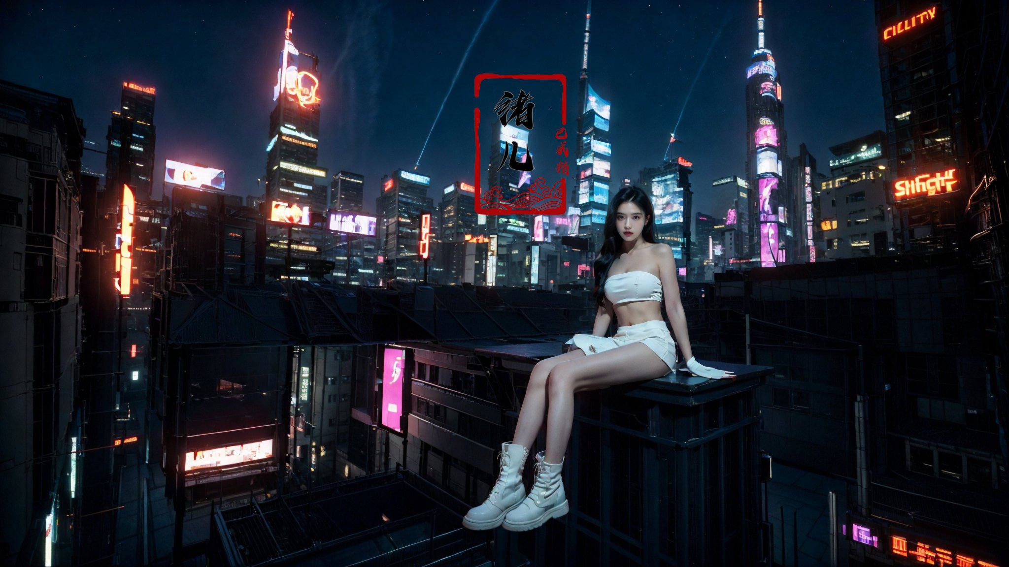 1girl, cyberpunk, solo, science fiction, city, neon lights, sitting, night, building, strapless, breasts, hologram, skyscraper, boots, long hair, cityscape, thighhighs, sky, black hair, scenery, white footwear，<lora:绪儿-赛博城市场景 science cyber:0.8>