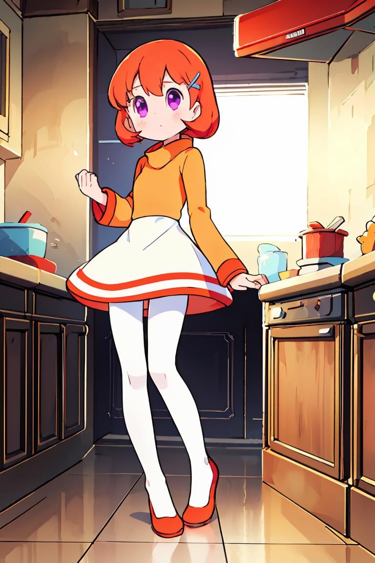 (masterpiece, best quality), 1girl, <lora:carla (Doraemon):1> purple eyes, short hair, orange hair, white skirt, hairclip, white leggings