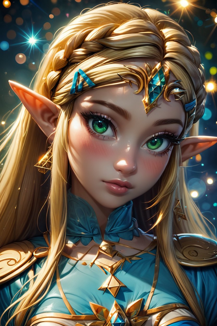 score_9, score_8_up, score_8, medium breasts, (ultra realistic,32k, masterpiece:1.2),(high detailed skin:1.1),( high quality:1.1), (curvy), cute, eyelashes,  princess zelda, solo, green eyes, long hair, green eyes, crown braid, hairclip, pointy ears, blue shirt, long sleeves, curvy, head tilt, hearts, blush, lips, curvy, head tilt, shiny clothes, upper body, looking at viewer,   bokeh, luminescent background,