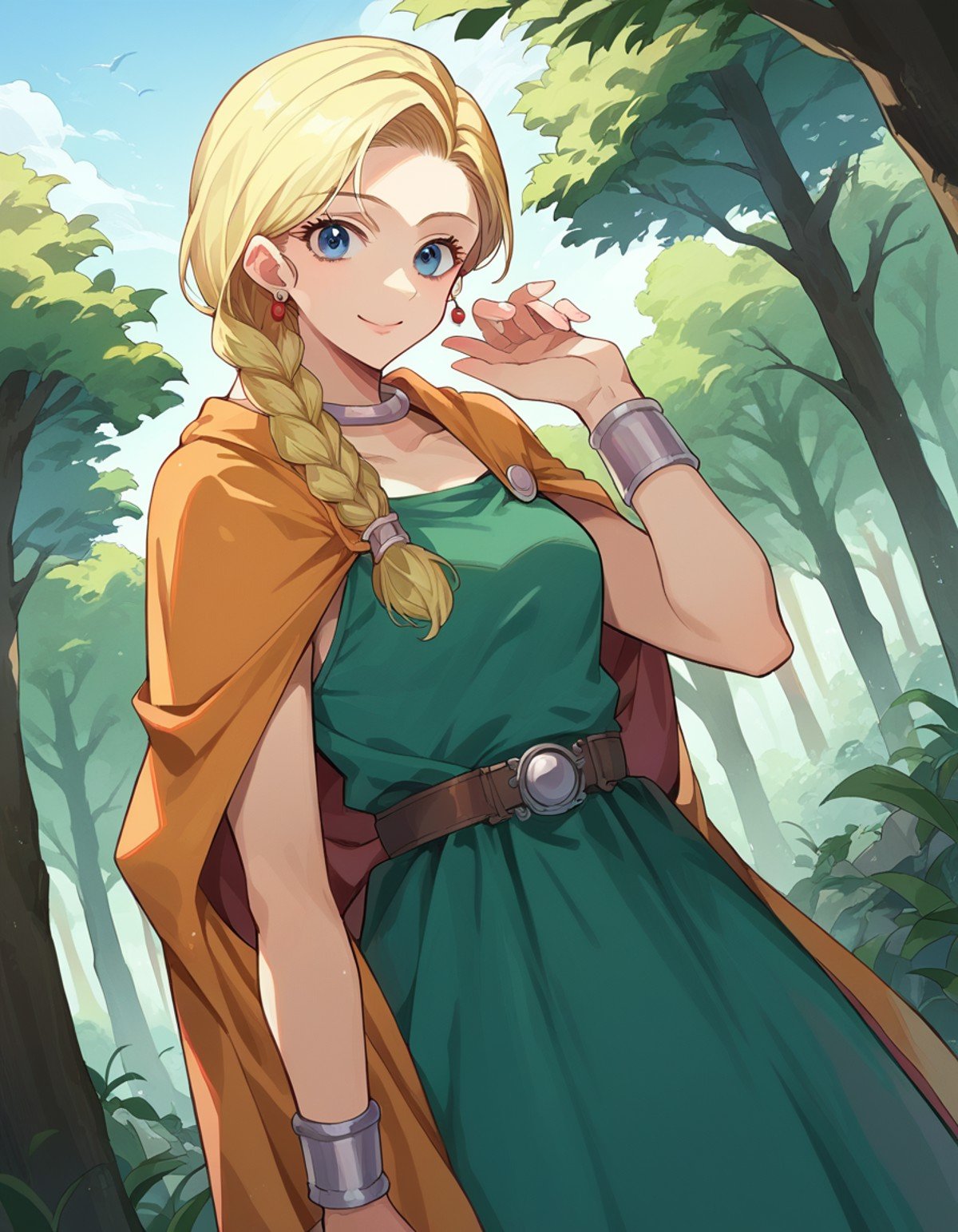 score_9, score_8_up, score_7_up, source_anime,dqbianca, <lora:dq-bianca-ponyxl-lora-nochekaiser:1>,bianca, blonde hair, blue eyes, braid, braided ponytail, long hair, smile,belt, brown belt, cape, dress, earrings, jewelry, green dress,outdoors, forest, nature,looking at viewer, dutch angle, cowboy shot,