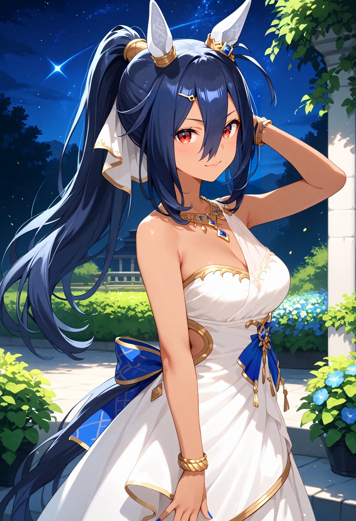 score_9, score_8_up, score_7_up, BREAK, best quality, masterpiece, very aesthetic, ultra detailed,very detailed background,BREAK,,zPDXL3,Hishiama_HV, 1girl, solo, long hair, hair between eyes, red eyes, jewelry, blue hair, ponytail, dark skin, necklace, white dress, bracelet, dark-skinned female, horse ears, horse tail, strapless,polish, <lyco:Hishiama-ponyXL_locon:1>garden,starry night,night