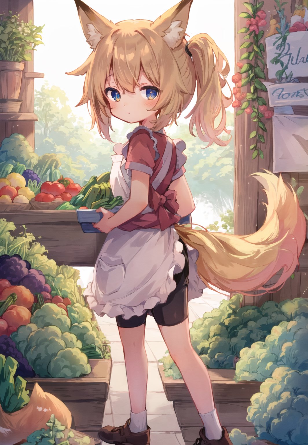 masterpiece, best quality,((vegetables shop)), solo, apron, (working), ((foxgirl)), (foxtail), (fox ears), (((kid))), ((bike_shorts)), deep levels, soft lighting, detailed face and eyes, low ponytail, ,