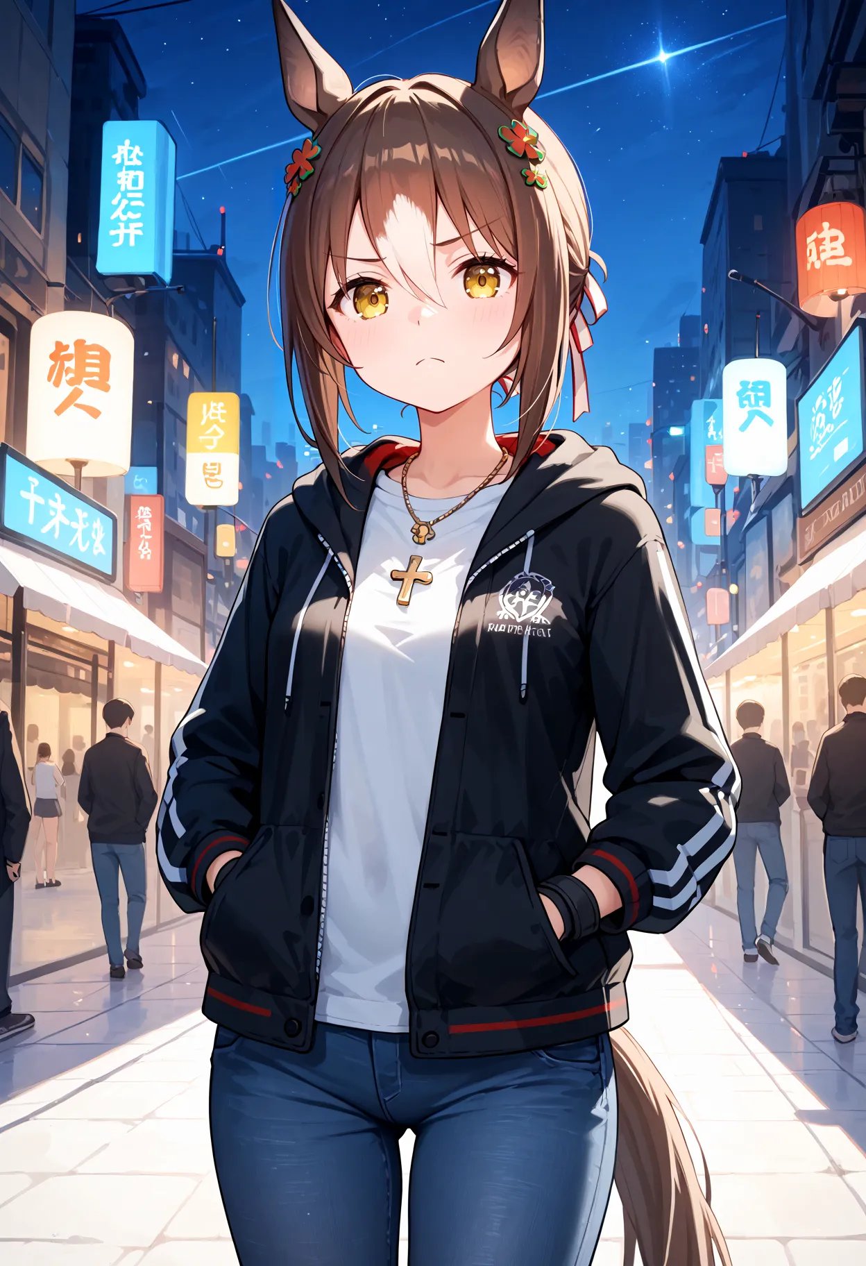 score_9, score_8_up, score_7_up, BREAK, best quality, masterpiece, very aesthetic, ultra detailed,very detailed background,,zPDXL3,FIne_M, 1girl, solo, horse ears, horse tail, brown hair, ,yellow eye,<lyco:Fine_M-ponyXL_locon:1>frown, cowboy shot, black hooded full zip, white shirt, jeans, cross necklace, hands on pocket, outdoors, fingerless gloves, night, city,Show less