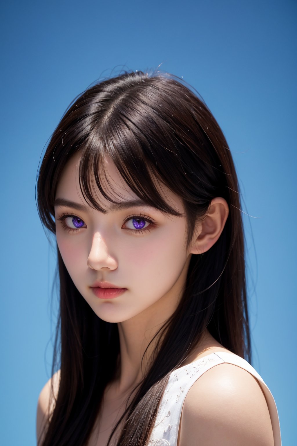 <lora:AgainEyes:1.25>,1girl,black hair,portrait,white dress,purple eyes,shining eyes,blue simple background,