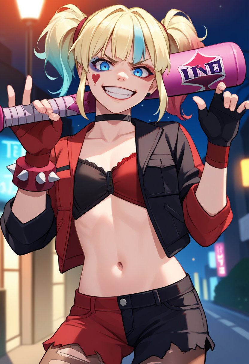 score_9, score_8_up, score_7_up, source_anime, solo, 1girl, isekaiharley, makeup, eyeshadow, grin, looking at viewer, holding baseball bat, twintails, v-shaped eyebrows, open clothes, two-tone jacket, cropped jacket, black jacket, red jacket, bra, red gloves, fingerless gloves, red shorts, black shorts, torn pantyhose, black choker, spiked bracelet, midriff, night, outdoors, city street, city lights <lora:suicidesquadisekai_quinn_ponyXL:1>