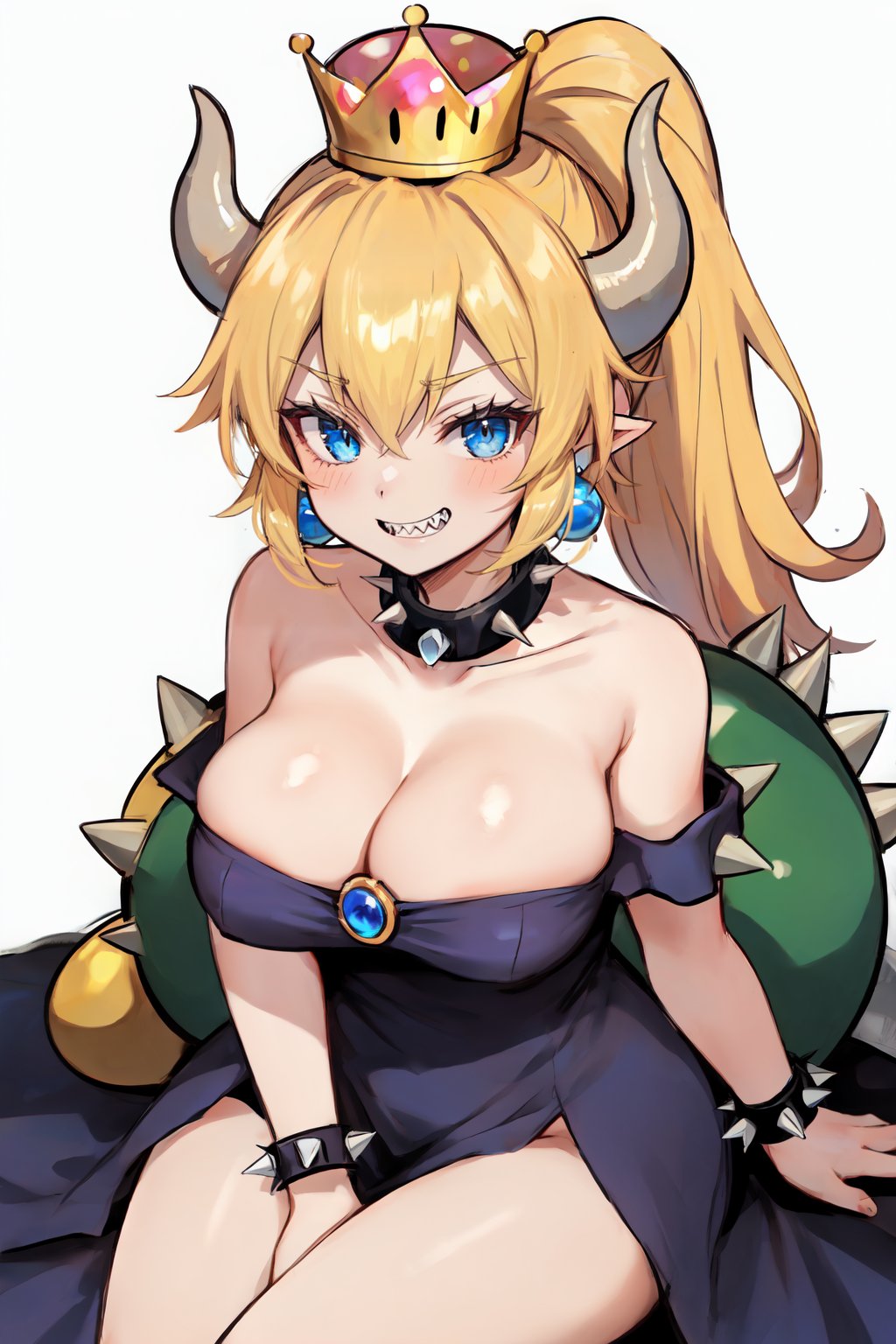 1girl, bowsette, , mario \(series\), new super mario bros. u deluxe, bare shoulders, blonde hair, blue eyes, bracelet, breasts, cleavage, collar, crown, dress, earrings, horns, jewelry, large breasts, long hair, looking at viewer, ponytail, sharp teeth, shell, smile, solo, spiked bracelet, spiked collar, spikes, super crown, teeth, 