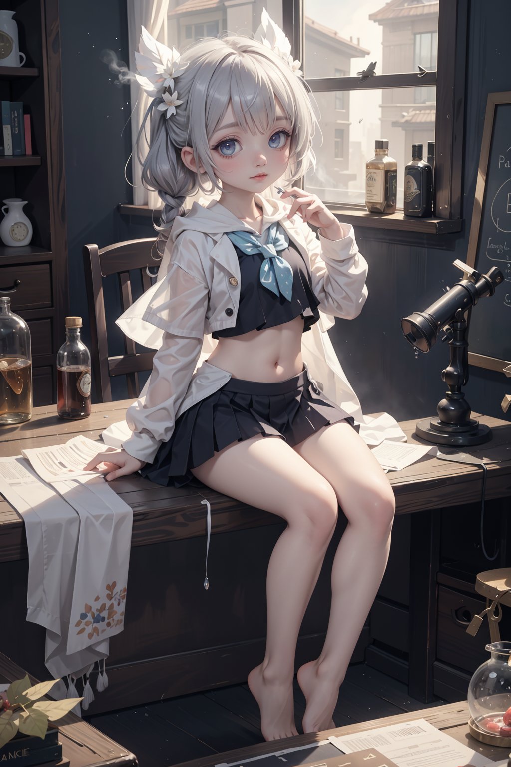 (full body:1.2),(navel:1.2),extremely detailed face and eyes,extremely beautiful and delicate face and eyes,fluttered detailed splashes,extremely detailed CG unity 8k wallpaper,amazing,highly detailed(loli),white gloves,((scientist,high technology)),(white school uniform),black cloak,commander,(sitting on a chair),circuit board,electronic components,electric arc,spark,(doing experiments),(white shawl hair),kawaii,expressionlesscute face,beautiful detailed eyes,stare,blush,(glowing red and blue pupil),indoor,The tables and chairs are by the window,The table is full of books. Sitting on the chairs,it is night outside the window,raining,Flask,test tube,alcohol lamp,book,table,barefoot,bare legs,