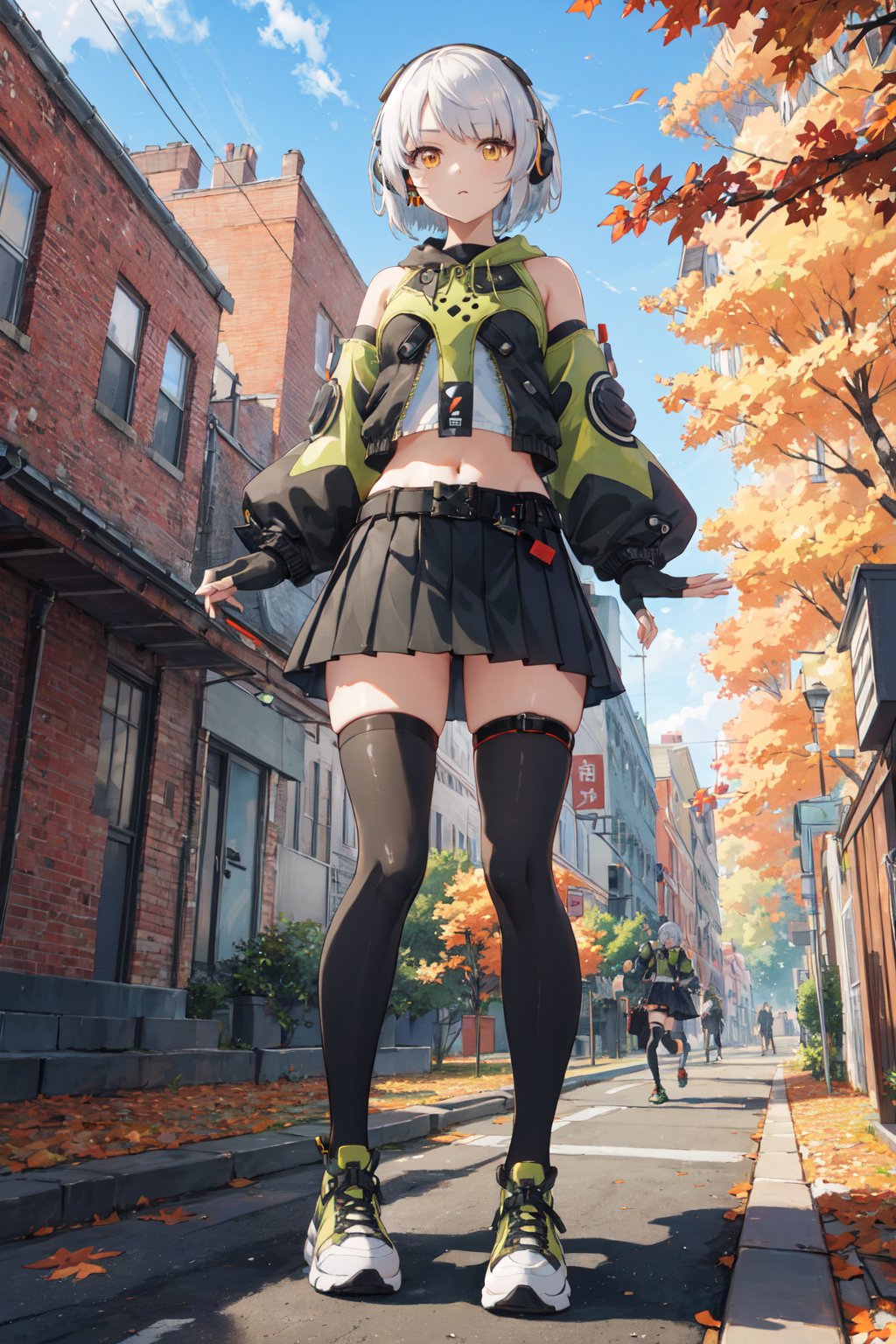 <lora:Anby-000020:0.88>,Anby CYQL,1girl,looking at viewer,solo,short hair,white hair,headphones,yellow eyes,jacket,midriff,long sleeves,detached sleeves,gloves,black gloves,fingerless gloves,navel,skirt,pleated skirt,black skirt,belt,thighhighs,black thighhighs,shoes,sneakers,green footwear,:d,bust,In the golden season of autumn, maple leaves blaze like flames, covering the hillsides in hues of red and yellow. Fallen leaves pave paths of brilliance,beautiful detailed sky,beautiful detailed glow,posing in front of a colorful and dynamic background,masterpiece,best quality,beautiful and aesthetic,contrapposto,female focus,wallpaper,