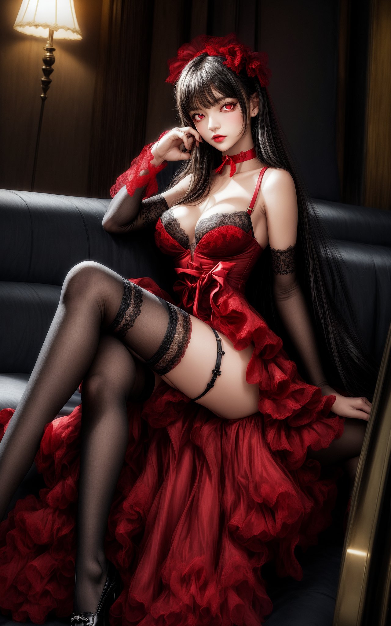 1girl, thighhighs, solo, black hair, dress, red dress, breasts, garter straps,  sitting, choker, crossed legs, cleavage, lace-trimmed legwear, looking at viewer, black thighhighs, red choker, cocktail dress, lace trim, bare shoulders, medium breasts, red eyes, high heels, signature, long hair,