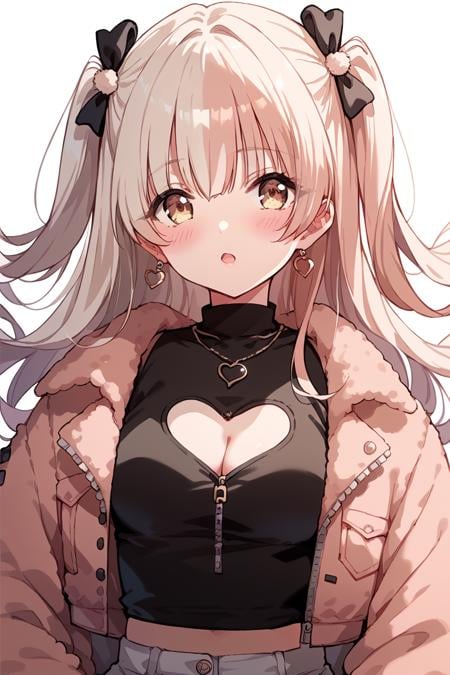 score_9, score_8_up, score_7_up, score_6_up, 1girl,<lora:Shinomiya_KokoaV2:0.9> kokoa, two side up, bangs, jacket, blush, necklace, jewelry, clothing cutout, cleavage cutout, heart cutout, zipper,