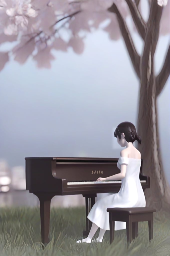 masterpiece, best quality, highres, closeup on face, sakurairo mau koro, pov, facing viewer, slim figure, 1girl, updo, sitting on chair, playing wooden piano, off shoulder, white dress, head down, sky, grass, petal, sitting on chair, sakura, cherry blossoms, shape, cityscape, ((hilltop)), <lora:sakurairomaukoro_sdxl_rearview:1>