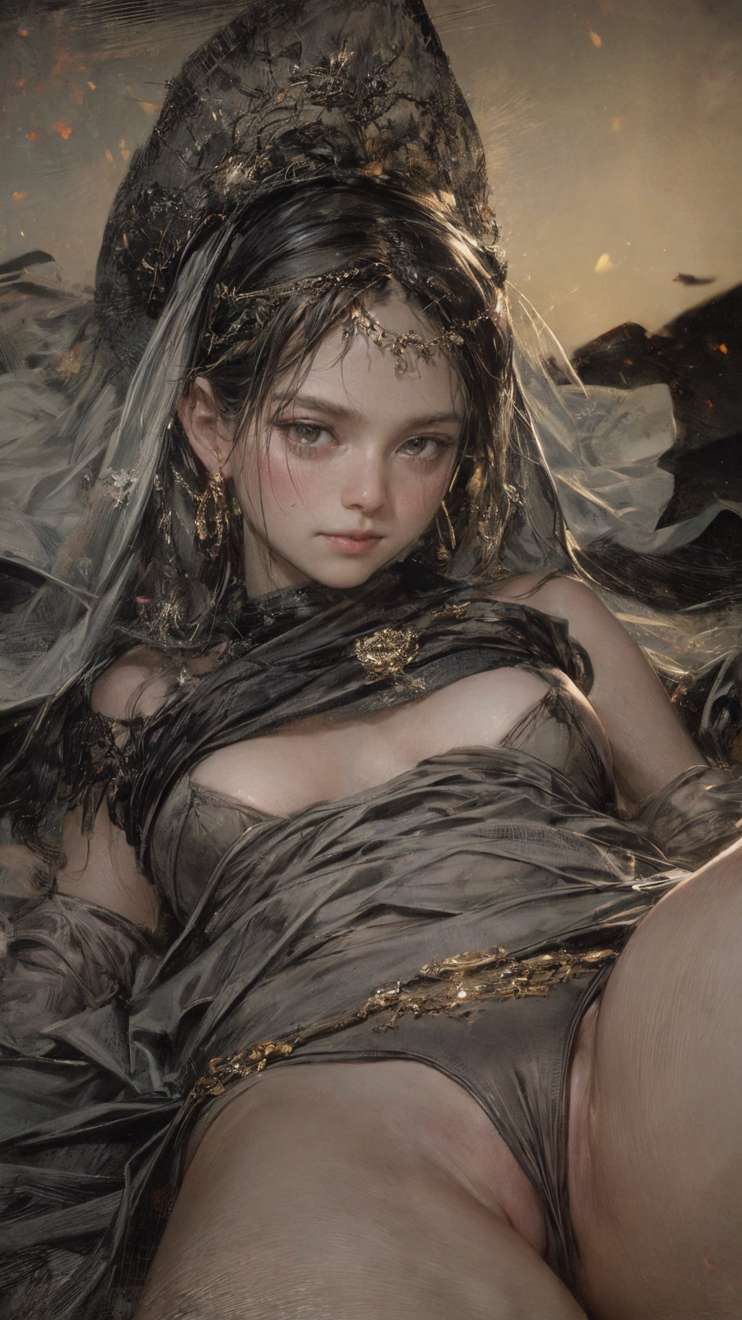 sooth toned, epic spacious composition, ultra-wide overview, Dancer, Bedlah, strapless, see through face veil, Harem Dancer Costume, breast chain, bangle, loop earrings, adorable face, passionately, spread legs, lying on ground amidst Whispering Fort of Echoes, Ethereal atmosphere:1.4), partial nude, realistic features, detailed picture,(masterpiece:1.4), (photograph:1.4), (best quality:1.4), (dreamy atmosphere), (intricated surround), (aesthetic and beautiful), (enrich chaotic),(harmonic mood and toned), (complementary colors:1.2), clarity,HDR, RAW, (low key:1.8), (in the dark:2.0), (dark Scene:2.0), ambient occlusion, sub surface scattering, dust particles,(flawless realistic body complexion), (realistic detail face features), (realistic detail skin texture), (realistic surroundings textures detail), (exquisite background detail), (realistic hair detail), detailed surroundings, (extremely details), (ultra hyper detailed), antialiasing, super resolution, extremely high resolution, extremely highres, high resolution, hyper detailed, deep depth of field, enhanced details, enhanced quality, noise reduction, (still life:1.2), hd32k,masterful painting, flat, add details, <lora:add_detail:0.5> <lora:flat1:-1> 