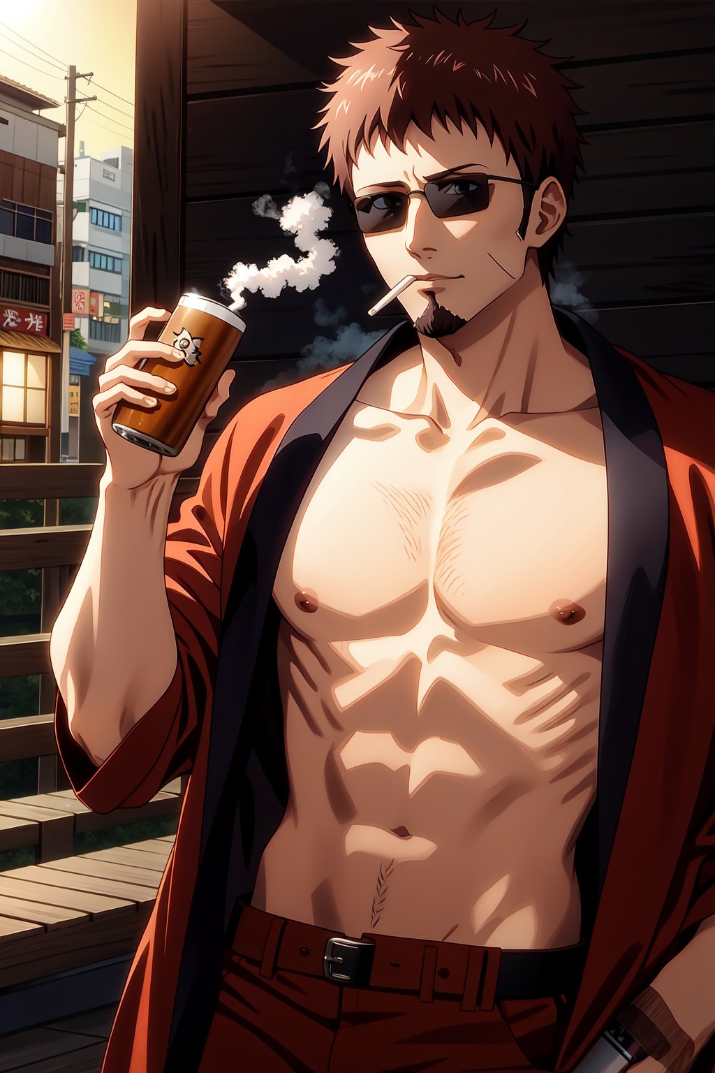 madao a man, looking at the viewer, upper body photo, at the streets, sunset, mists, low key, brown hair, middle aged, sunglasses, brown beard, <lora:Taizou_Hasegawa_MADAO:0.7>, bare belly, cigarette, smoke, haori, brown haori, brown pants, geta, beer bottle, holding beer, holding, beer