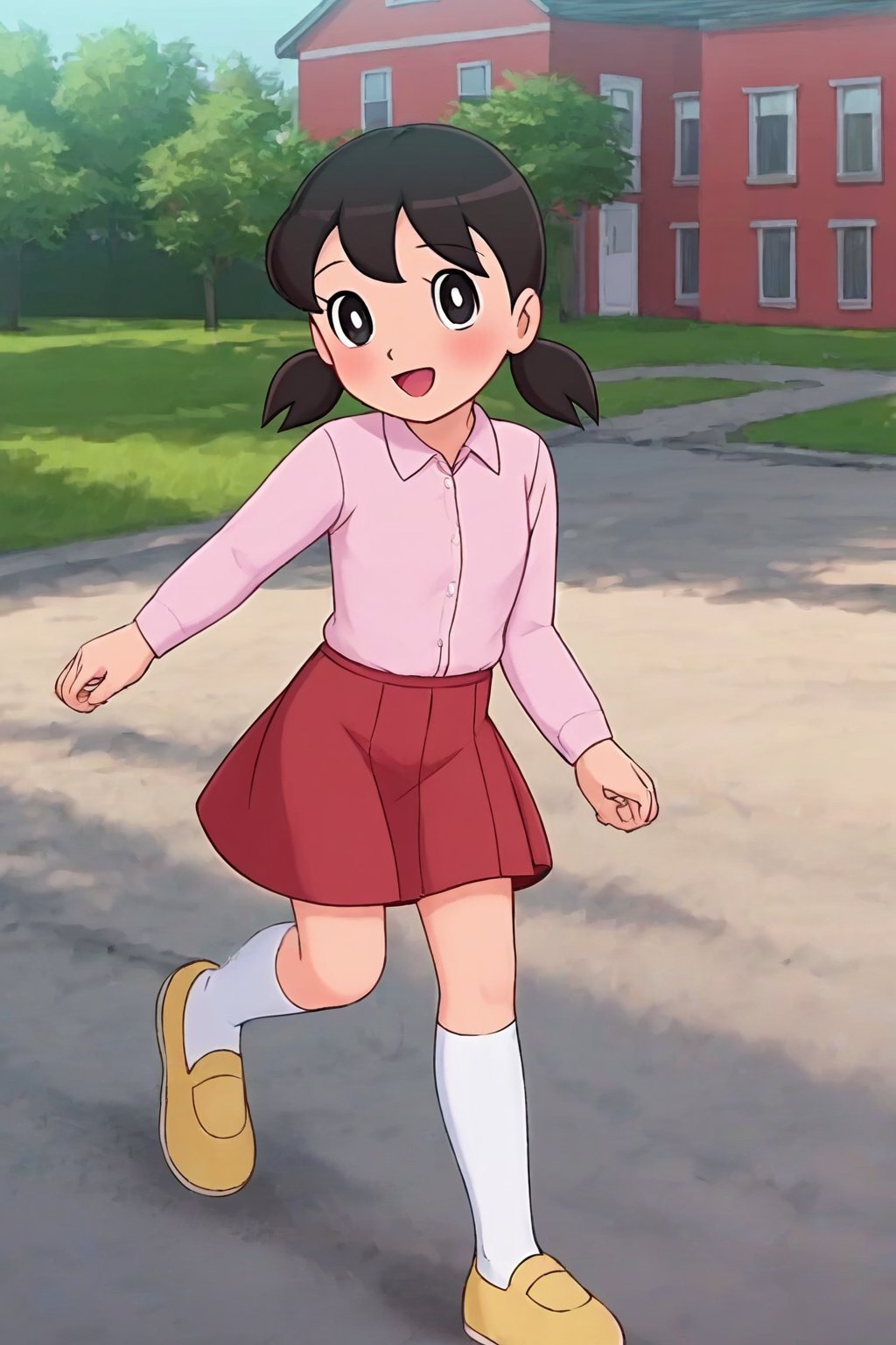 score_9, score_8_up, score_7_up, score_6_up, score_5_up, score_4_up, source_anime,minamoto shizuka,1girl, solo, skirt, outdoors, black hair, socks, white socks, twintails, red skirt, shoes, smile, shirt, open mouth, black eyes, pink shirt, looking at viewer, short twintails, kneehighs, collared shirt, long sleeves, :d, day, bright pupils, white pupils, house, low twintails, short hair, running, yellow footwear, blush,masterpiece, perfect face, best quality, beautiful girl, cute girl, beautiful eyes, shiny eyes, anime coloring, anime screencap, absurdres, outdoors,  <lora:minamoto shizuka auti 907 1:0.8>