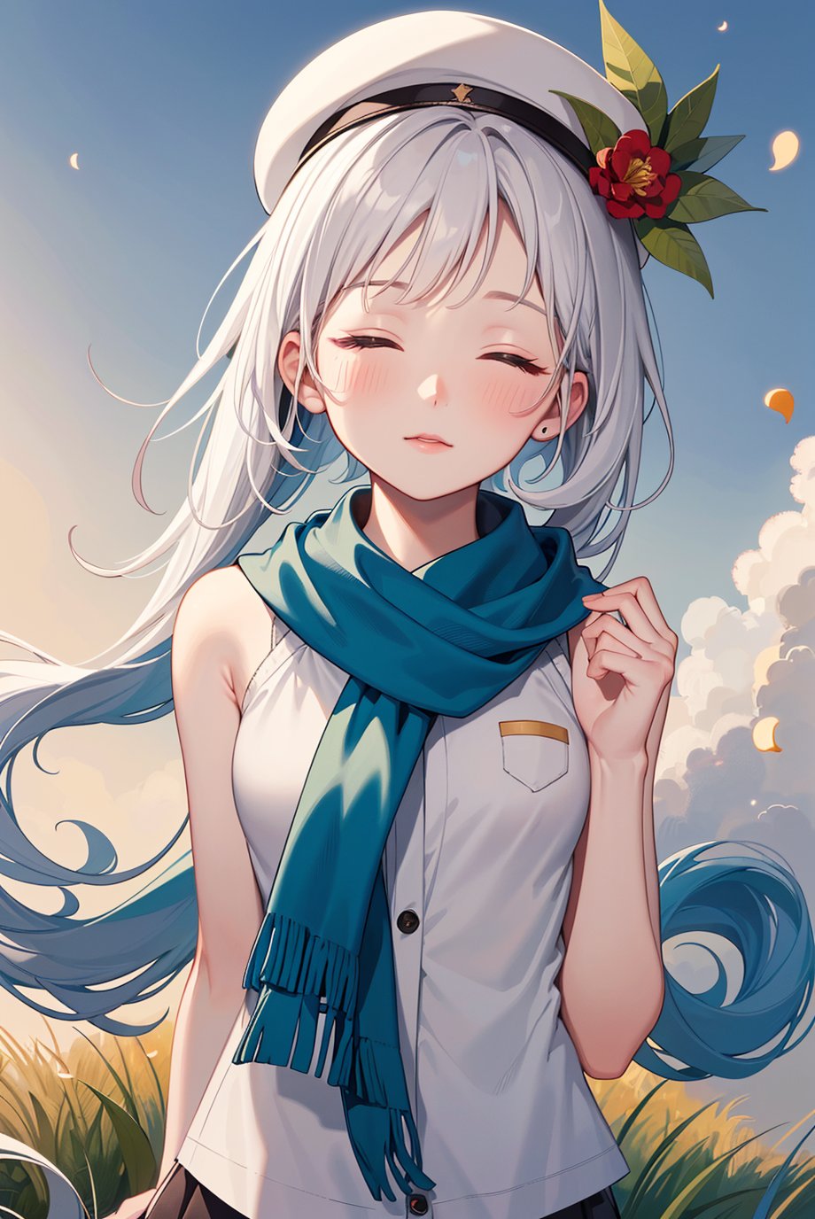 game cg,best quality,official art,(((light from the sky))),floating hair,light shines on hair,ultra-detailed,(((extremely detailed cg 8k wallpaper))),(crystalstexture skin:1.4),(extremely delicate and beautiful)jewelry,(white skin),looking_at_viewer,sky,cloud,outdoors,solo,hat,furry,grass,leaf,closed eyes,cloudy sky,petals,standing,scarf,Moon,at the bottom of the water,Bubble,miji,miku,hatsune miku,upper body (arms behind back), <lora:YG可爱动漫风格:0.75>,