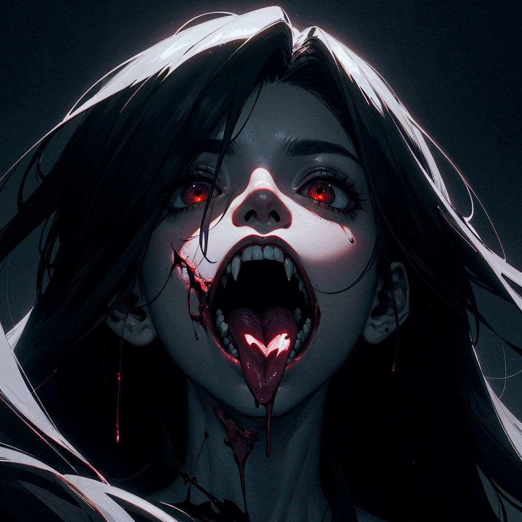 ((1 zombie girl)),(horror:1.3),solo,(monster mouth:1.3),(very long tongue:1.3),long fang,(dark theme:1.5),(from below),(face closeup),(blood),gothic horror,, official art, unity 8k wallpaper, ultra detailed, beautiful and aesthetic, masterpiece, best quality, intricate, detailed face, detailed eyes,
