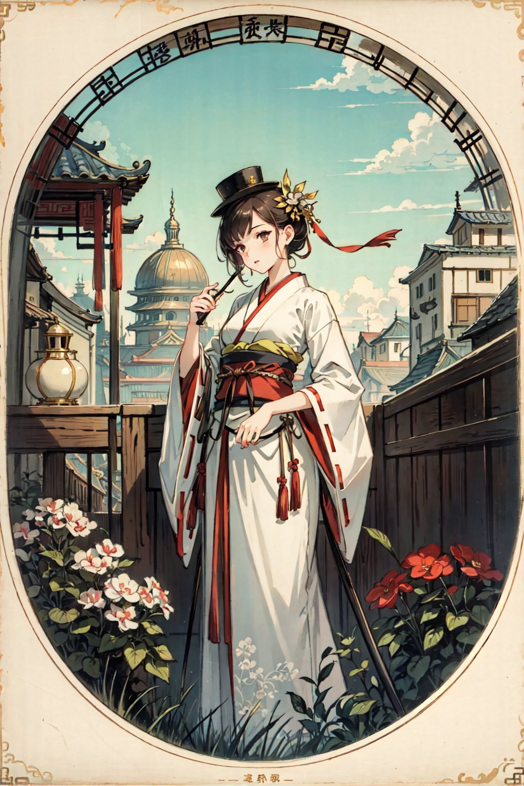 (best quality), girl,oriental detailed background, oriental cityscape, steampunk, miko