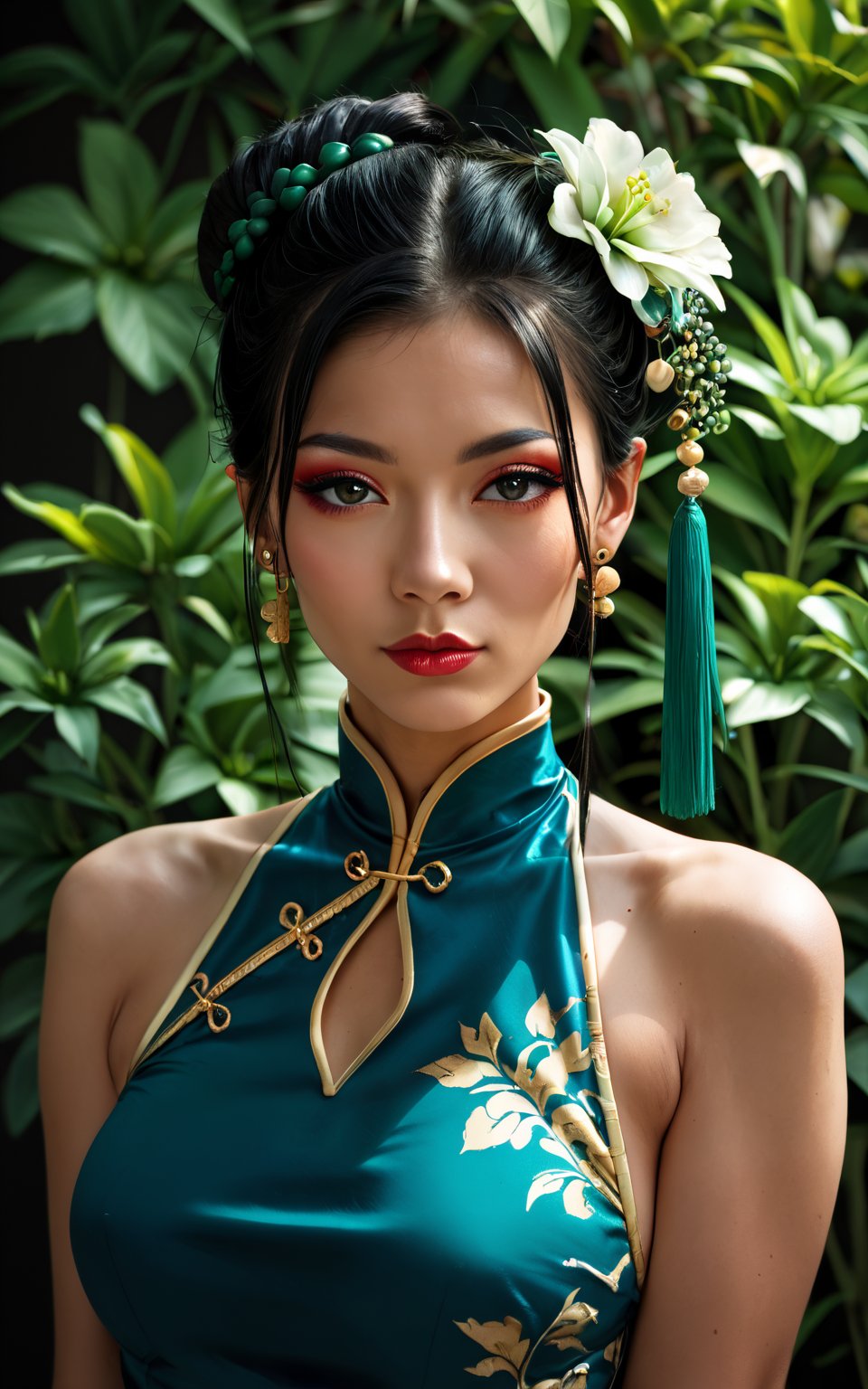 score_9,score_8_up,score_7_up,1girl wearing chinese an oriental dress with black hair and green flowers on her head<lora:realistic_pony_v1_fp32:0.8>