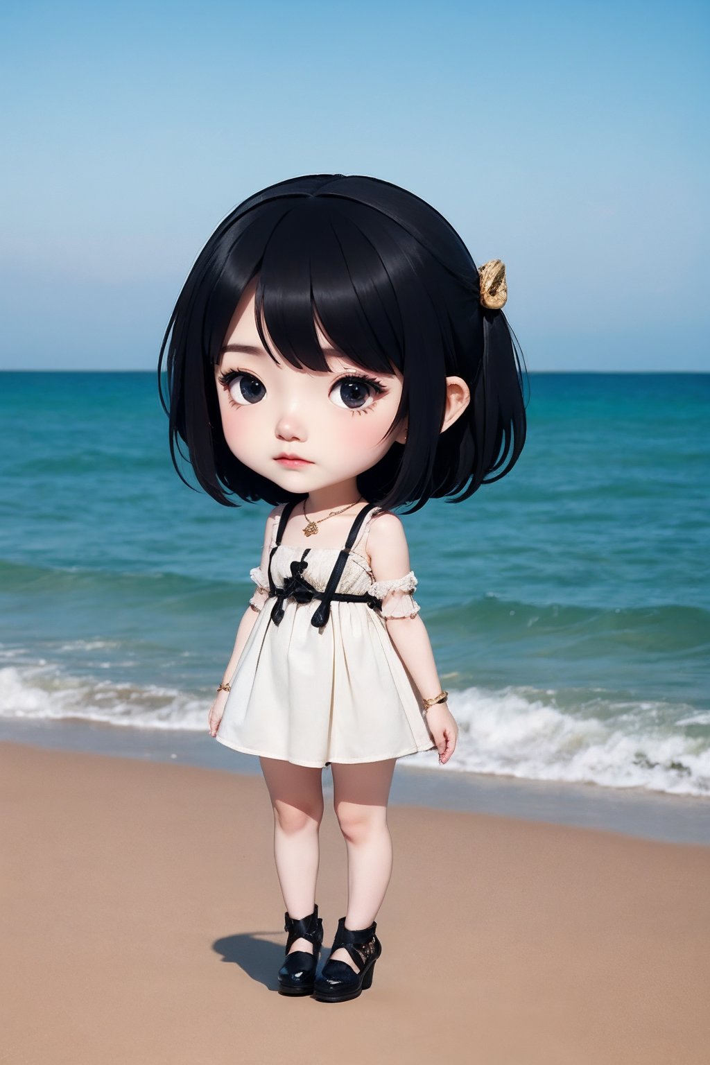 <lora:AgainChibiLora_v1:1>,1girl, solo, jewelry, black hair, necklace, dress, black eyes, black dress, black footwear, (full body:1.2), (sea:1.2),