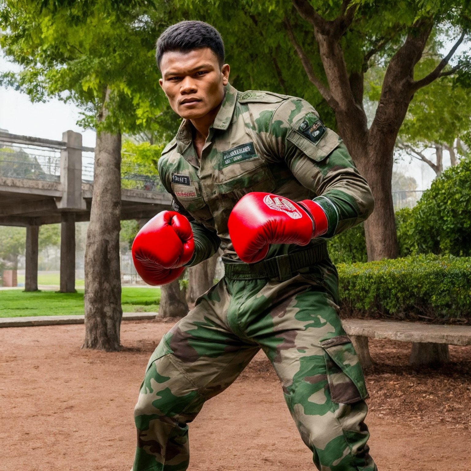 peemaipor, muscular, fighting stance, red boxing gloves, park, camouflage uniform, <lora:Add More Details:0.7> <lora:Peemaiporkobk B1:1>