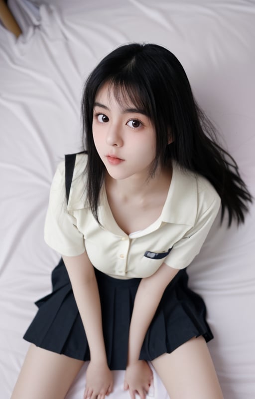 1girl,(medium breasts:1.2),long black hair,first love girlfriend,Japanese style photo,Japanese high school student,wearing school uniform,rabbit sitting,on a white bed,attractive,attractive eyes,want to have sex,looking at the camera,boyfriend perspective,big eyes,delicate features,fair skin,<lora:rixikeaishaonv:0.4>,