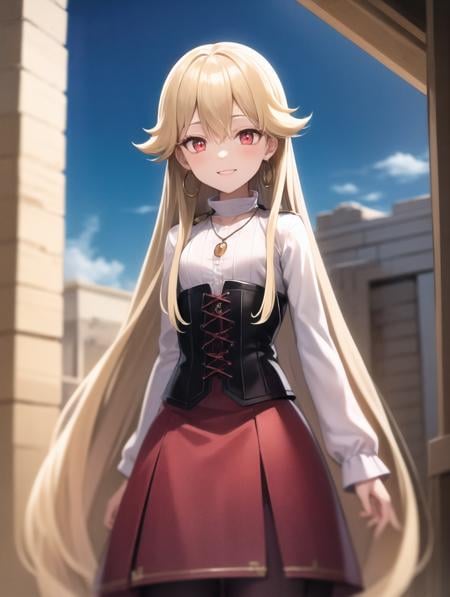 best quality, (masterpiece:1.2), illustration, absurdres,(1girl, solo), (beautiful detailed girl), (cowboy shot),,<lora:Roselia-06:0.8>,  Roselia Millstein, blond hair, very long hair, red eyes, flat chest,necklace, earrings, white shirt, long sleeves, red laced corset, long skirt, red skirt, purple pantyhose,  brown boots,smile,inside middle eastern town, middle east, bazaar, cobblestone street,  sky, sun, day,