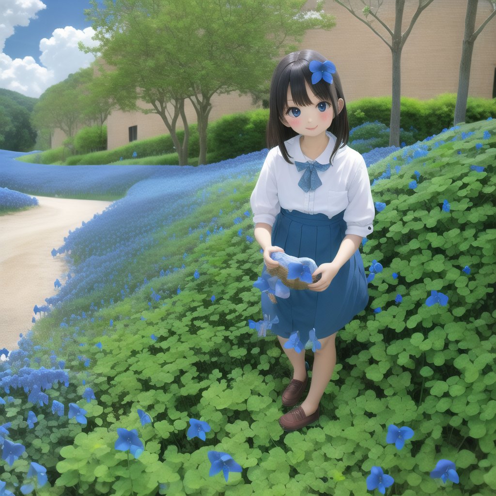 (masterpiece), (best quality), (1girl), solo, (pretty cute girl), smile, full body, outdoors, sky, days, clouds, playing with rabbit, parochetus-communis, blue flower<lora:EMS-438992-EMS:0.800000>