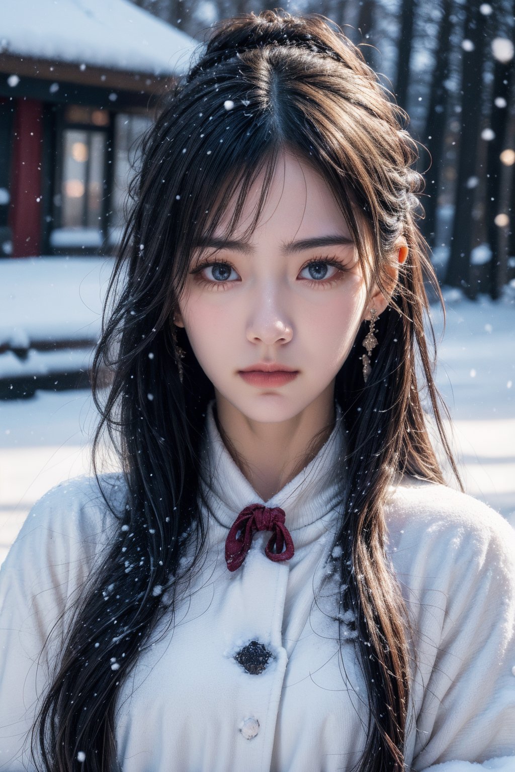 1girl,long hair,solo,jewelry,earrings,upper body,snowing,closed mouth,lips,snow,facing viewer,ribbon,clothes,