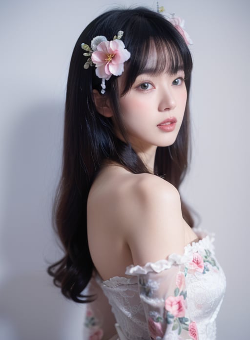 girl, solo, flower, long hair, black hair, hair ornament, hair flower, blue eyes, floral print, chinese clothes, looking at viewer, detached sleeves, upper body, white flower, parted lips, dress, pink flower, china dress, bare shoulders, blush, red flower, eyelashes, white dress, lips, sleeveless, parted bangs, grey background,lora:胶片风国潮古风美:1>