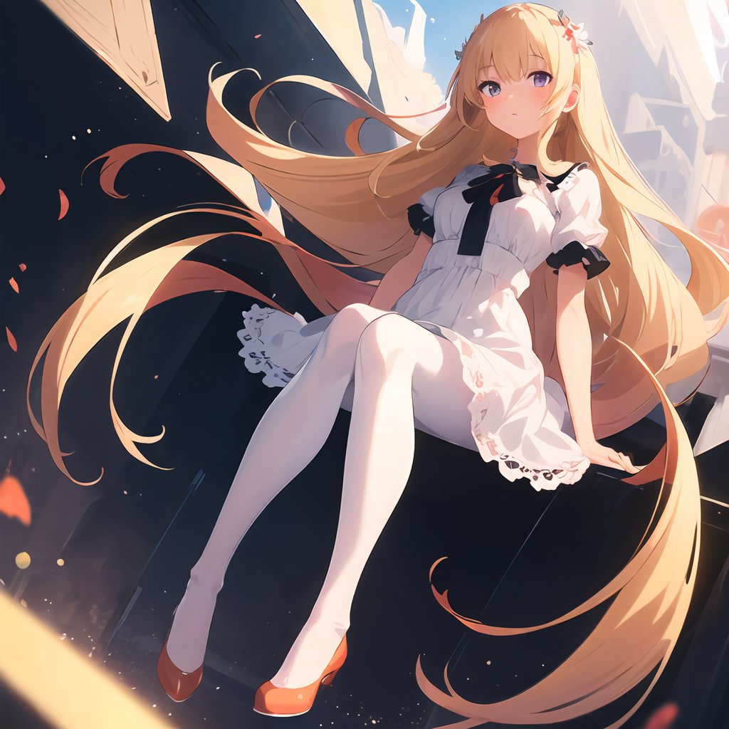 (Anime:1.1),Illustration style,1girl,solo,long hair,looking at viewer,blonde hair,White pantyhose,floating_hair,center frame,sharp focus,best quality,masterpiece,extremely detailed,detailed background,Lace trims,(bestquality),(masterpiece),Full body image,