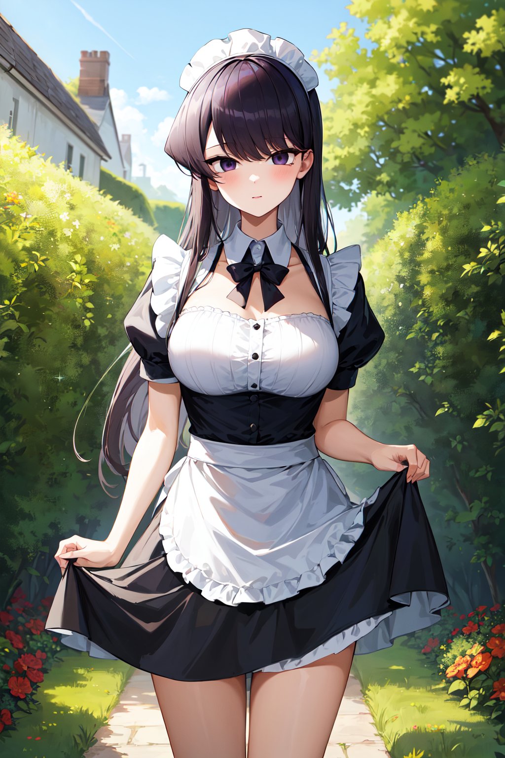 masterpiece, best quality, highres, aashouko, long hair, breasts, <lora:komi_shouko_v1:0.7>, maid, maid headdress, skirt hold, garden, standing, cowboy shot,