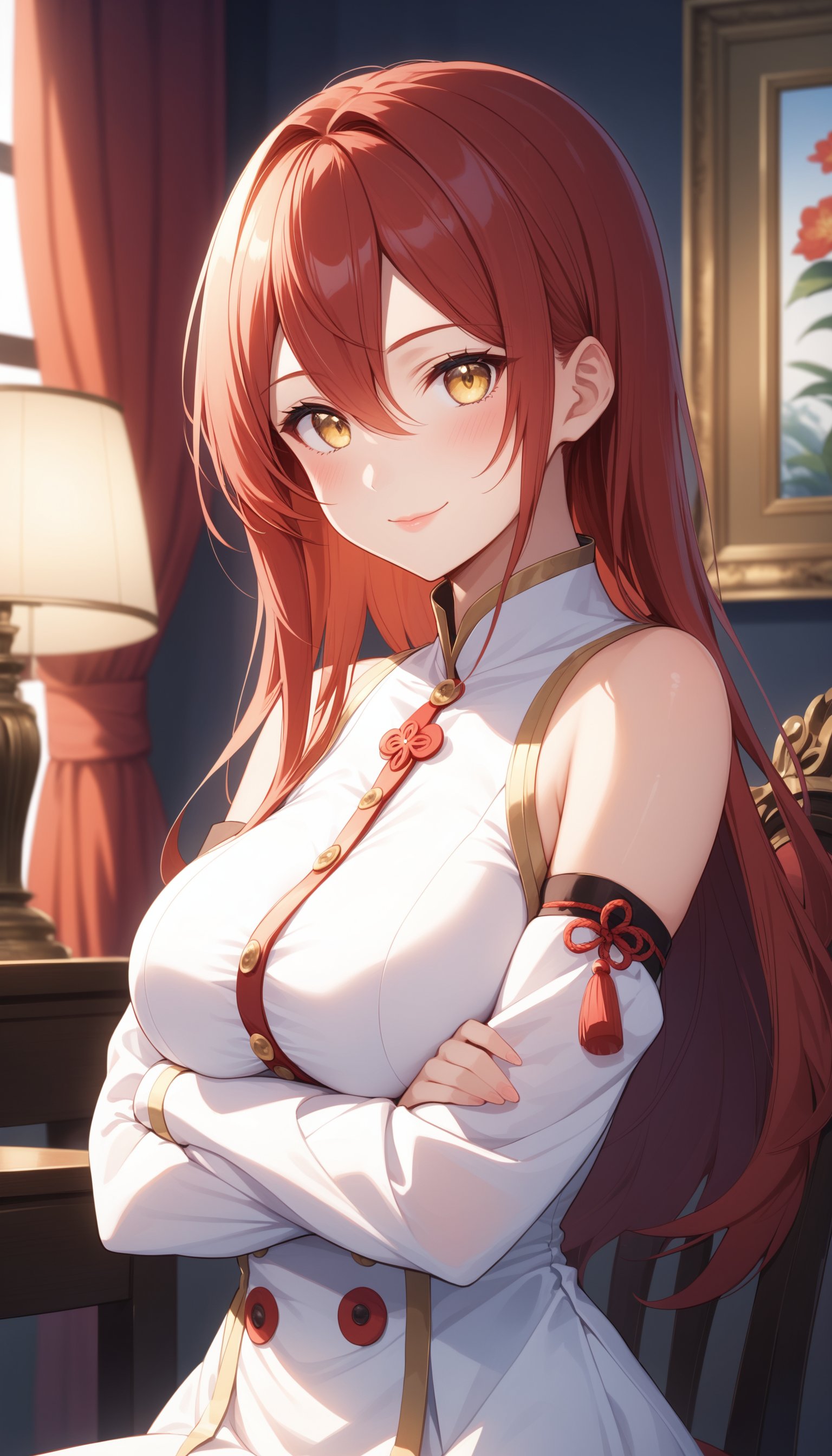 score_9, score_8_up, score_7_up, intricate details,1girl, solo, long hair, looking at viewer, indoors, crossed arms, smile, detached sleeves, red hair, curtains, large breasts, yellow eyes, bare shoulders, closed mouth, white dress, long sleeves, upper body, dress, lamp, picture frame, blush, window, buttons, flower, sleeveless, sidelocks, hair between eyes, arms under breasts, tassel, lips, chair