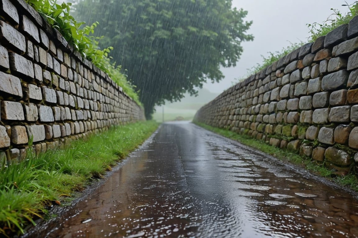 Stone wall road in the countryside with very heavy rain. Very thick raindrops fall. Ultra-clear,  Ultra-detailed,  ultra-realistic,  Ultra close-up photography,  Distant view. full body shot,<lora:EMS-74471-EMS:0.400000>,<lora:EMS-57135-EMS:0.400000>,<lora:EMS-24184-EMS:0.800000>