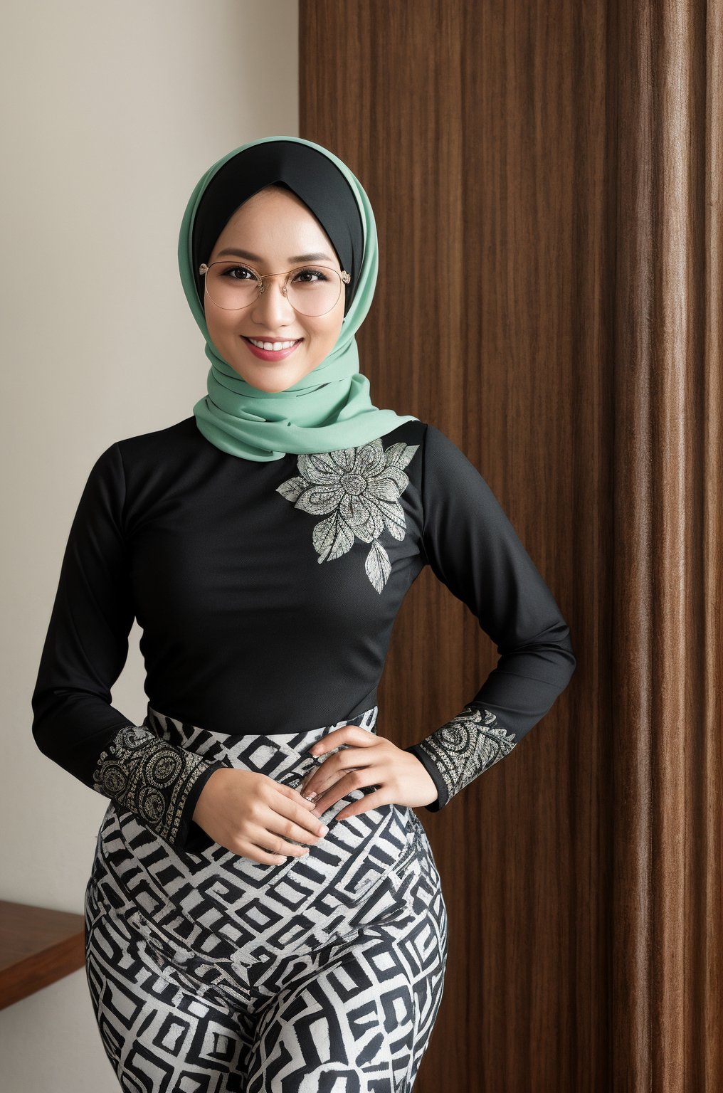 1girl, javabatik, mint and black batik, pattern batik, super realistic 3/4 shot, passionate pose, professional photography portrait of a 30 year old hijab woman in the luxury room, very realistic skin, cinematic lighting, very original batik fabric details, glasses, holding a waist, super thin and transparent leggings, long sleeve striped t-shirt, (big hips: 1.2), smiling, looking at the camera, (masterpiece :1.0), (best quality: 1.0), beautiful, (intricate details), unity 8k wallpaper, very detailed and really brightens up the realistic room, <lora:javabatik_1:0,8>