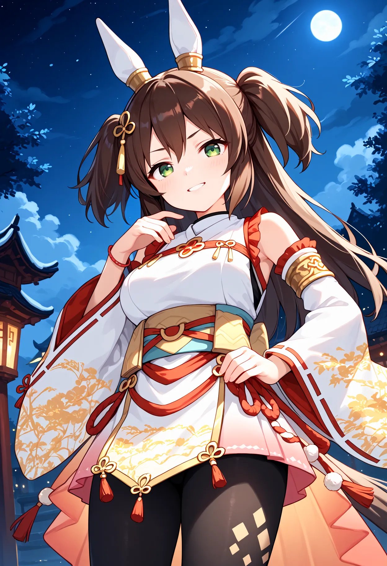 score_9, score_8_up, score_7_up, BREAK, best quality, masterpiece, very aesthetic, ultra detailed,very detailed background,BREAK,,zPDXL3,Inari,Inari_FoG, breasts, horse ears, horse tail, brown hair, bangs, hair between eyes,two side up, green eyes, long hair,hair ornament, official alternate costume, black pantyhose, detached sleeves, wide sleeves,smirk,night,sakura,dutch angle, <lora:Inari_One-ponyXL:1>