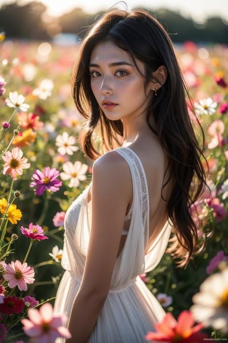 Sea of Flowers,1girl,solo,flower,blurry,long hair,realistic,looking at viewer,brown hair,brown eyes,blurry background,outdoors,depth of field,lips,shirt,field,upper body,black hair,white shirt,from side,white dress,dress,pink flower,looking to the side,flower field,day,sunlight,black eyes,grass,purple flower,blurry foreground,lens flare,bokeh,best quality,masterpiece,illustration,an extremely delicate and beautiful,CG,unity,8k wallpaper,Amazing,finely detail,masterpiece,official art,extremely detailed CG unity 8k wallpaper,incredibly absurdres,huge filesize,ultra-detailed,highres,extremely detailed,beautiful detailed girl,realistic,light contrast,<lora:Sea of Flowers_20240301083834:0.8>,