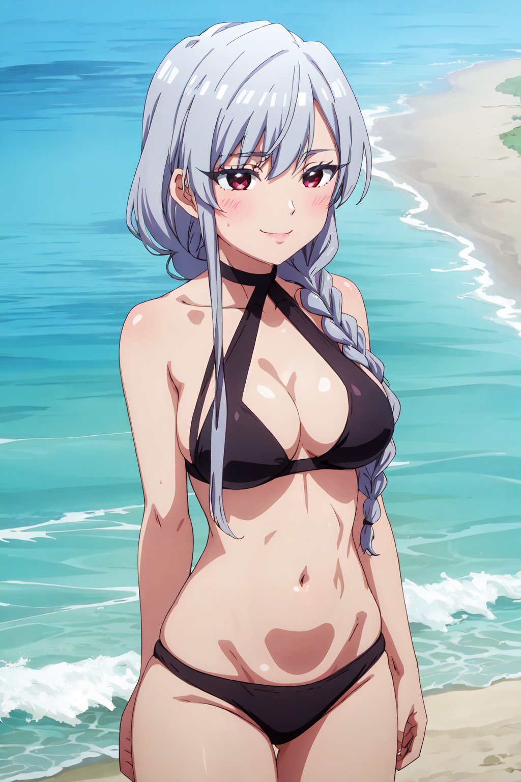 NanoEiai, 4k, absurd, high resolution, very high resolution, high definition, masterpiece, 1 girl,long hair, alone, silver hair, locks, reddish brown eyes, black bikini, hair tied up in a braid, beach, upper_body, blush, smile<lora:EMS-392397-EMS:0.700000>